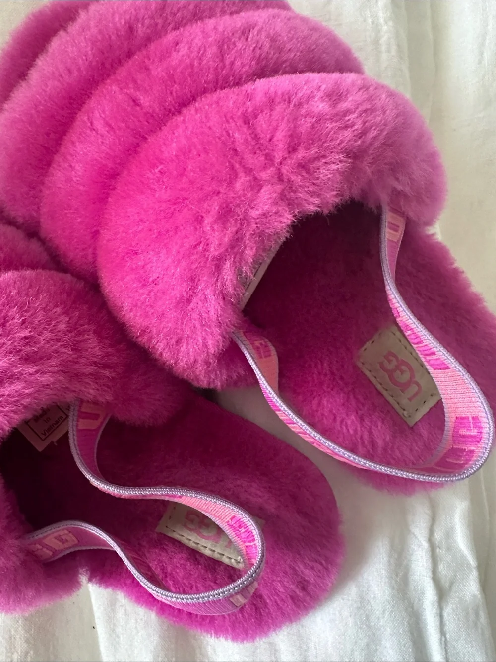 UGG Kids Hot Pink Fluffy Slide Sandals with Back Strap size 12 toddler girls